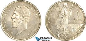 Romania, Carol I, Pattern ESSAI 1 Leu 1910, Brussels Mint, Tin (5.96g) Reeded edge, coin rotation, Schäffer/Stambuliu 068 var. (Unpublished metal) UNC...