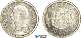 Romania, Carol I, "Pillet" Pattern ESSAI 50 Bani 1914, Paris Mint, Tin (2.07g) Reeded edge, Coin rotation, Schäffer/Stambuliu 072-Var. (Unpublished me...