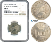 Romania, Ferdinand I, Pattern 1 Leu 1922, Huguenin Mint, Nickel, Plain edge, Medal rotation, Schäffer/Stambuliu 107-1.7, NGC MS64