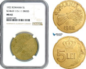 Romania, Ferdinand I, Pattern 5 Lei 1922, Huguenin Mint, Brass, Schäffer/Stambuliu 115-1.1 Var, NGC MS62