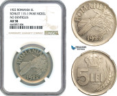 Romania, Ferdinand I, Pattern 5 Lei 1922, Huguenin Mint, Nickel, No denticles, Schäffer/Stambuliu 115-1.9 Var, NGC AU58