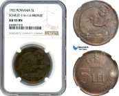 Romania, Ferdinand I, Pattern 5 Lei 1922, Huguenin Mint, Bronze, Plain edge, Schäffer/Stambuliu 116-1.6, NGC AU55BN