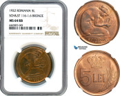 Romania, Ferdinand I, Pattern 5 Lei 1922, Huguenin Mint, Bronze, Plain edge, Schäffer/Stambuliu 116-1.6, NGC MS64RB
