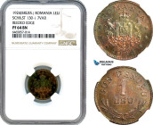 Romania, Ferdinand I, Pattern ESSAI 1 Leu 1924, Brussels Mint, Copper, Reeded edge, coin rotation, Schäffer/Stambuliu 131-1.7 Var, NGC PF64BN