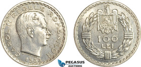Romania, Carol II, Pattern 100 Lei 1932, London Mint, Tin (7.96g) Reeded edge, Medal rotation, Schäffer/Stambuliu 151 Var. (Unpublished metal) UNC, Ra...