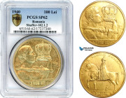 Romania, Carol II, Pattern 100 Lei 1940, Bucharest Mint, Gilt Bronze, Schäffer/Stambuliu 182-1.2, PCGS SP62, Rare!