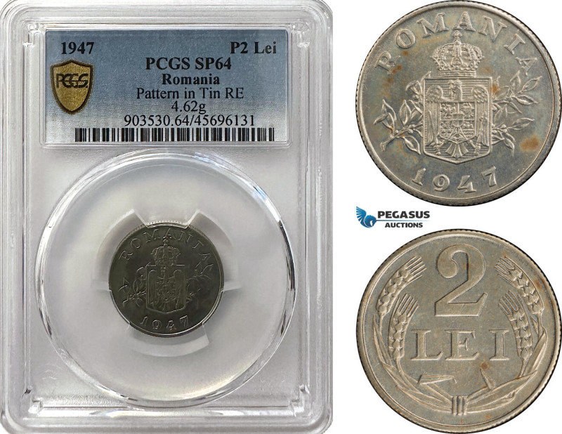 Romania, Mihai I, Pattern 2 Lei 1947, Bucharest Mint, Tin (4.62g) Reeded edge, C...