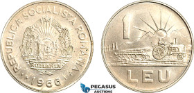 Romania, Socialist Republic, Pattern 1 Leu 1966, Bucharest Mint, Nickel plated steel (4.85g) Plain edge, rotated dies, Schäffer/Stambuliu 250-1.1, UNC...