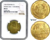 Romania, Socialist Republic, Pattern 3 Lei 1966, Bucharest Mint, Brass, Plain edge, coin rotation, Schäffer/Stambuliu 253-1.1 var, NGC MS63, Very rare...