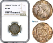 Romania, Carol I, 1 Leu 1885 B, Bucharest Mint, Silver, Schäffer/Stambuliu 037, Fantastic toning! NGC MS63, Pop 1/3, Rare key date!
