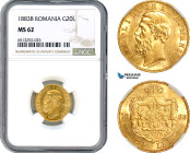 Romania, Carol I, 20 Lei 1883 B, Bucharest Mint, Gold, Schäffer/Stambuliu 030, NGC MS62