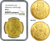 Romania, Ferdinand I, 50 Lei 1922, London Mint, Gold, Schäffer/Stambuliu 84, Fantastic Mint lustre, slightly undergraded! NGC MS63