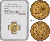 Romania, Ferdinand I, 20 Lei 1922, London Mint, Gold, Schäffer/Stambuliu 82, NGC MS63