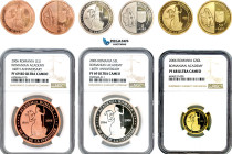 Romania, coin set: 1, 5 & 50 Lei 2006, Bucharest Mint, Tombac, Silver & Gold, 140th Anniversary of Romanian Academy, KM# 209, 210 & 211, NGC PF69RD Ul...