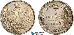 Russia, Nicholas I, 5 Kopeks 1833 СПБ НГ, St. Petersburg Mint, KM C# 163, Lightly cleaned, EF-UNC