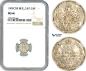 Russia, Nicholas I, 5 Kopeks 1848 СПБ HI, St. Petersburg Mint, Silver, KM C# 163, Blast white, NGC MS64