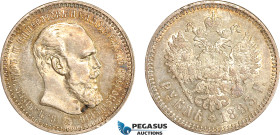 Russia, Alexander III, 1 Rouble 1893 АГ, St. Petersburg Mint, KM Y# 46, Champagne toning with much lustre, EF