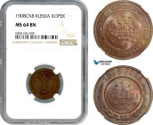 Russia, Nicholas II, 1 Kopek 1908 СПБ, St. Petersburg Mint, KM Y# 9.2, NGC MS64BN