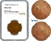 Russia, Nicholas II, 3 Kopeks 1908 СПБ, St. Petersburg Mint, KM Y#11.2, NGC MS63BN