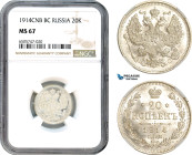 Russia, Nicholas II, 20 Kopeks 1914 СПБ-ВС, St. Petersburg Mint, Silver, KM Y# 22a.1, NGC MS67