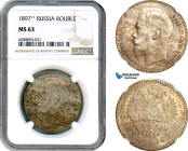 Russia, Nicholas II, 1 Rouble 1897**, Brussels Mint, Silver, KM#59.1, Sharp details, slightly uneven but still pleasing brown toning, NGC MS63