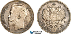 Russia, Nicholas II, 1 Rouble 1907, St. Petersburg Mint, Silver, KM Y# 59, Gun metal toning, EF, Rare!