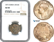 Serbia, Milan I. Obrenovic, 1 Dinar 1875, Silver, KM# 5, NGC AU58