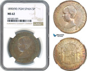 Spain, Alfonso XIII, 5 Pesetas 1890 (90) PGM, Madrid Mint, Silver, KM# 689, NGC MS62
