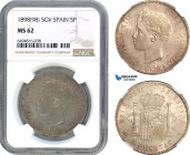 Spain, Alfonso XIII, 5 Pesetas 1898 (98) SGV, Madrid Mint, Silver, KM# 707, NGC MS62