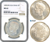 Spain, Alfonso XIII, 5 Pesetas 1899 (99) SGV, Madrid Mint, Silver, KM# 707, NGC MS62