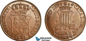 Spain, Catalonia, Isabella II, 6 Cuartos 1841, Barcelona Mint, KM# 128, Chocolate brown, small edge nick, EF-UNC