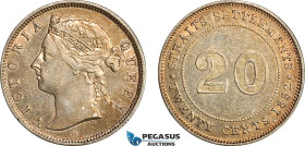 Straits Settlements, Victoria, 20 Cents 1882-H, Heaton, Birmingham Mint, Old cleaning, now retoned, EF