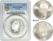 Sweden, Gustaf V, 2 Kronor 1926 W, Stockholm Mint, Silver, KM# 787, PCGS MS64
