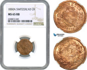 Switzerland, 2 Rappen 1850 A, Paris Mint, KM# 4, NGC MS65RB