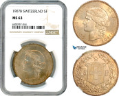 Switzerland, 5 Francs 1907 B, Bern Mint, Silver, KM#  34, NGC MS63