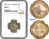 Turkey, Ottoman Empire, Abdülaziz, 5 Kurush AH1277//12, Kostantiniye Mint, Silver, KM# 691, NGC MS62