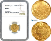 Turkey, Ottoman Empire, Abdülhamid II, 50 Kurush AH1293//33, Kostantiniye Mint, Gold, KM# 740, NGC MS64, Top Pop! Single finest graded!