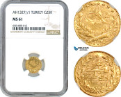 Turkey, Ottoman Empire, Mehmed Reshad V, 25 Kurush AH1327//1, Konstantiniye Mint, Gold, KM# 752, NGC MS61