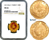 Turkey, Ottoman Empire, Mehmed Vahdeddin VI, 100 Kurush AH1336//1, Qustantiniya Mint, Gold, KM# 821, NGC MS66, Top Pop! Single finest graded!