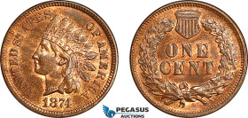 United States, Indian Head 1 Cent 1874, Philadelphia Mint, KM# 90a, Very lustrous! UNC