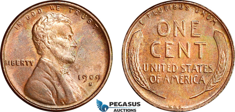 United States, Lincoln 1 Cent 1909 S, San Francisco Mint, With initials "VDB" KM...