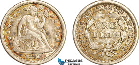 United States, Seated Liberty Dime (10C) 1841, Philadelphia Mint, Silver, KM# 63.1, Amber/green toning! EF