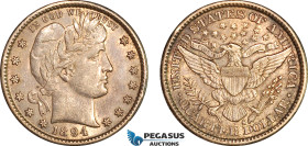 United States, Barber Quarter Dollar (25C) 1894 S, San Francisco Mint, Silver, KM# 114, Nice toning! EF