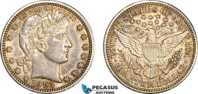 United States, Barber Quarter Dollar (25C) 1903, Philadelphia Mint, Silver, KM# 114, Old toning! EF