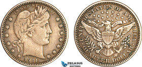 United States, Barber Quarter Dollar (25C) 1911 D, Denver Mint, Silver, KM# 114, Toned, VF-EF