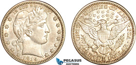 United States, Barber Quarter Dollar (25C) 1914 D, Denver Mint, Silver, KM# 114, Light toning! EF-UNC