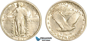 United States, Standing Liberty Quarter Dollar (25C) 1917 D, Denver Mint, Stars Below Eagle, Silver, KM# 145, Much remaining lustre, VF-EF