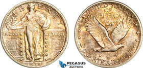 United States, Standing Liberty Quarter Dollar (25C) 1919, Philadelphia Mint, Stars Below Eagle, Silver, KM# 145, Amber toning! EF