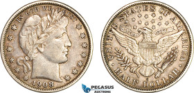 United States, Barber Half Dollar (50C) 1908 S, San Francisco Mint, Silver, KM# 116, Light toning! VF-EF