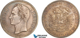 Venezuela, 5 Bolivares 1887, Philadelphia Mint, Silver, KM# 24, Attractive toning, EF-UNC, Rare this nice!